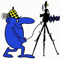Eine Karikatur einer Person mit einem gelben Hut und einer alten Kamera